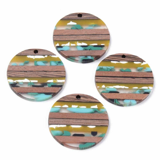 RW0002 - 4 pcs. Brown and Teal Resin and Wood Round Flat Pendant - 30mm - (1.18") - Stripe Pattern