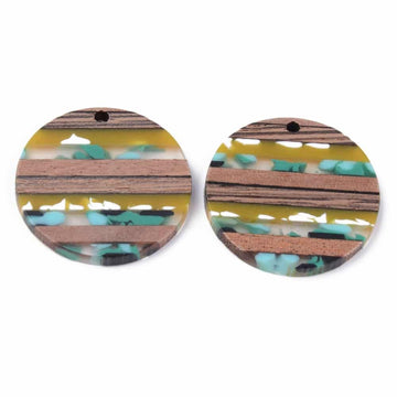 RW0002 - 4 pcs. Brown and Teal Resin and Wood Round Flat Pendant - 30mm - (1.18") - Stripe Pattern