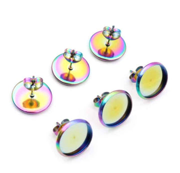E862 - 10 pcs. 304 Stainless Steel Rainbow Earring Posts Studs Settings Bezels Cabochons Tacks - 12mm Glue Pad Setting