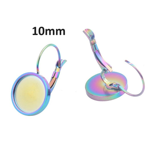 E657 - 10 pcs. (5 pairs) 304 Stainless Steel Rainbow Earring Clips Settings Lever Back Bezels Cabochons - 10mm Glue Pad Setting - Flat Design