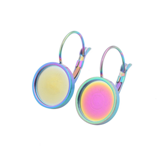 E657 - 10 pcs. (5 pairs) 304 Stainless Steel Rainbow Earring Clips Settings Lever Back Bezels Cabochons - 10mm Glue Pad Setting - Flat Design