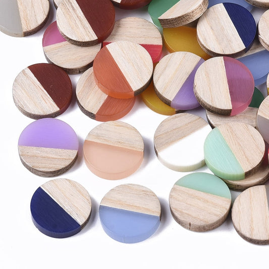 RC0041 - 10 pcs Resin and Wood Embellishment Cabochons - Assortment - 15mm - Flat Coin Circle