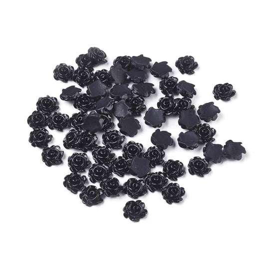 RC0044 - 100 pcs Resin Cabochons - 8mm - Rose Flower Design - Black - Fit on 6mm flat settings!