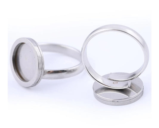 RB049 - 1 pc. 304 Stainless Steel Cabochon Setting Bezel RING bases - Ring Size 8 US - Glue Pad 12mm - Silver Tone - FLAT design