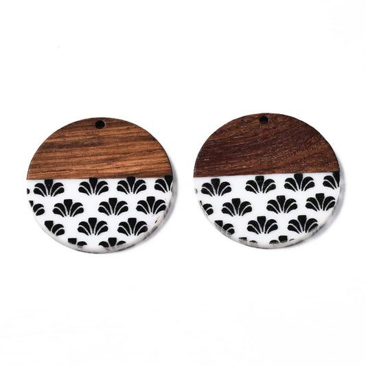 RW0005 - 4 pcs. Black and White Resin and Wood Round Flat Pendant - 35mm - (1.38") - Flower Pattern