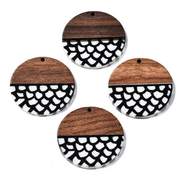 RW0006 - 4 pcs. Black and White Resin and Wood Round Flat Pendant - 35mm - (1.38") - Waves Pattern