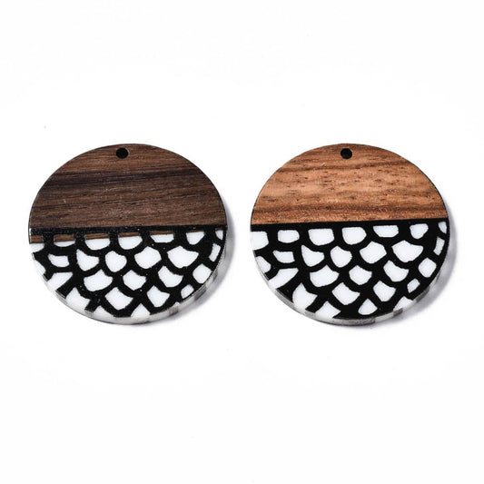 RW0006 - 4 pcs. Black and White Resin and Wood Round Flat Pendant - 35mm - (1.38") - Waves Pattern