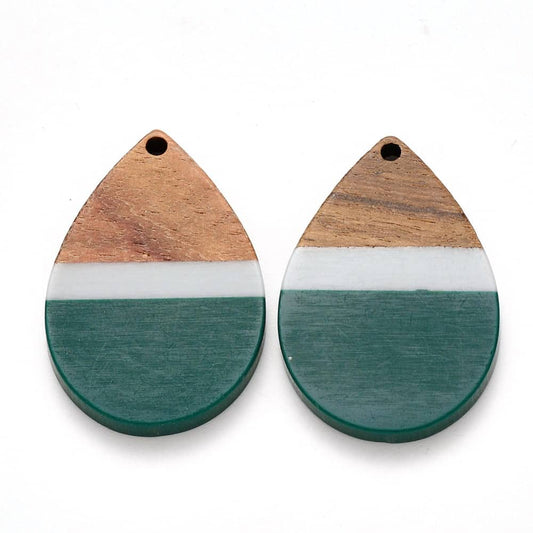RW0007 - 4 pcs. Green and Gray Stripe Resin and Wood Teardrop Flat Pendant - 36mm x 25mm - (1.4" x 1") - LARGE