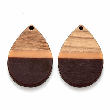 RW0008 - 4 pcs. Brown and Orange Stripe Resin and Wood Teardrop Flat Pendant - 36mm x 25mm - (1.4" x 1") - LARGE