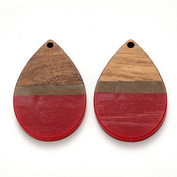 RW0009 - 4 pcs. Red and Brown Stripe Resin and Wood Teardrop Flat Pendant - 36mm x 25mm - (1.4" x 1") - LARGE