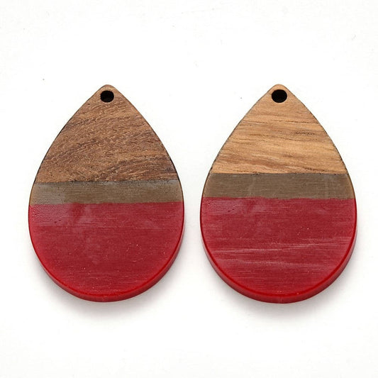 RW0009 - 4 pcs. Red and Brown Stripe Resin and Wood Teardrop Flat Pendant - 36mm x 25mm - (1.4" x 1") - LARGE