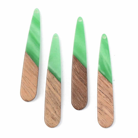 RW0010 - 4 pcs. Light Green Resin and Wood Teardrop Flat Pendant - 44mm x 8mm - (1.73" x 0.32") - Great for Earrings and Necklaces!