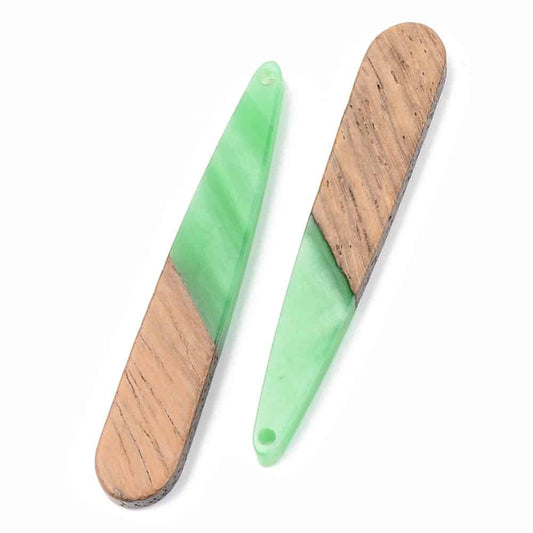 RW0010 - 4 pcs. Light Green Resin and Wood Teardrop Flat Pendant - 44mm x 8mm - (1.73" x 0.32") - Great for Earrings and Necklaces!