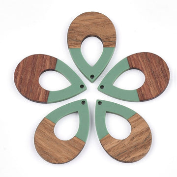 RW0011 - 4 pcs. Green Resin and Wood Teardrop Flat Pendant - 38mm x 26mm - (1.5" x 1.02") - LARGE - Great for Earrings and Necklaces!