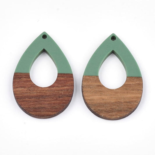RW0011 - 4 pcs. Green Resin and Wood Teardrop Flat Pendant - 38mm x 26mm - (1.5" x 1.02") - LARGE - Great for Earrings and Necklaces!