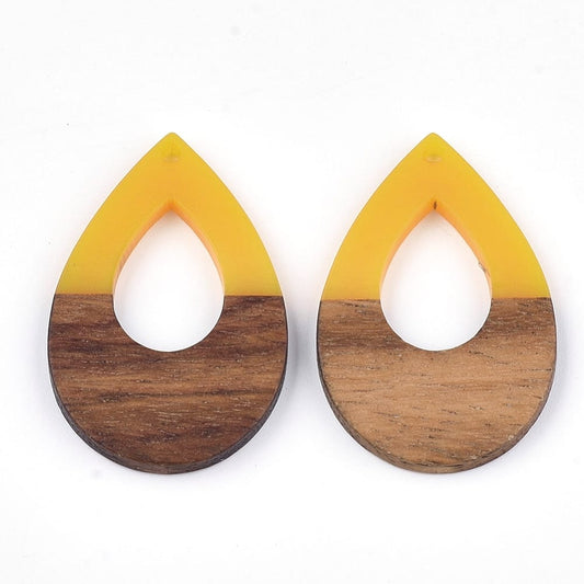 RW0012 - 4 pcs. Yellow Resin and Wood Teardrop Flat Pendant - 38mm x 26mm - (1.5" x 1.02") - LARGE - Great for Earrings and Necklaces!