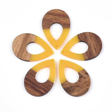 RW0012 - 4 pcs. Yellow Resin and Wood Teardrop Flat Pendant - 38mm x 26mm - (1.5" x 1.02") - LARGE - Great for Earrings and Necklaces!