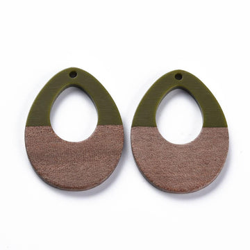 RW0015 - 4 pcs. Green Resin and Wood Teardrop Flat Pendant - 38mm x 28mm - (1.5" x 1.1") - LARGE