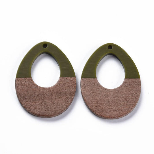 RW0015 - 4 pcs. Green Resin and Wood Teardrop Flat Pendant - 38mm x 28mm - (1.5" x 1.1") - LARGE