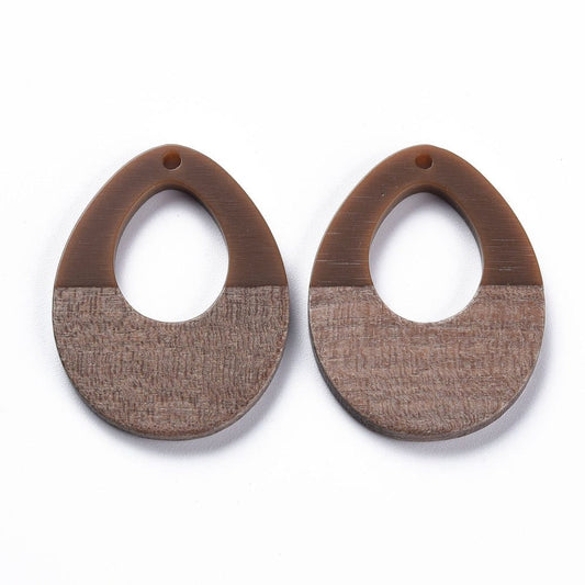 RW0016 - 4 pcs. Brown Resin and Wood Teardrop Flat Pendant - 38mm x 28mm - (1.5" x 1.1") - LARGE
