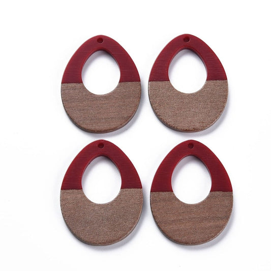 RW0017 - 4 pcs. Red Resin and Wood Teardrop Flat Pendant - 38mm x 28mm - (1.5" x 1.1") - LARGE