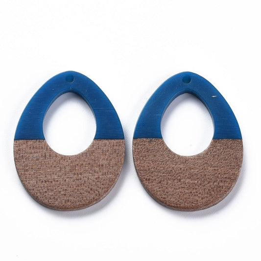 RW0018 - 4 pcs. Royal Blue Resin and Wood Teardrop Flat Pendant - 38mm x 28mm - (1.5" x 1.1") - LARGE