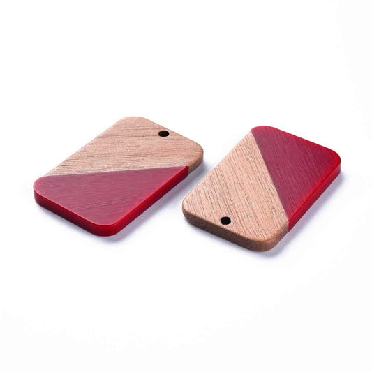 RW0019 - 4 pcs. Red Resin and Wood Rectangle Flat Pendant - 33mm x 21mm - (1.3" x 0.83") - Great for Earrings and Necklaces!
