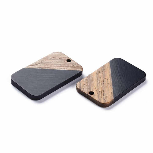 RW0020 - 4 pcs. Black Resin and Wood Rectangle Flat Pendant - 33mm x 21mm - (1.3" x 0.83") - Great for Earrings and Necklaces!