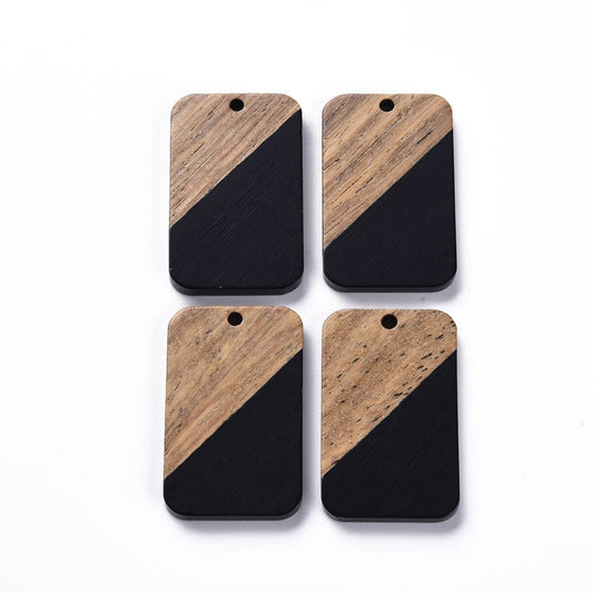 RW0020 - 4 pcs. Black Resin and Wood Rectangle Flat Pendant - 33mm x 21mm - (1.3" x 0.83") - Great for Earrings and Necklaces!