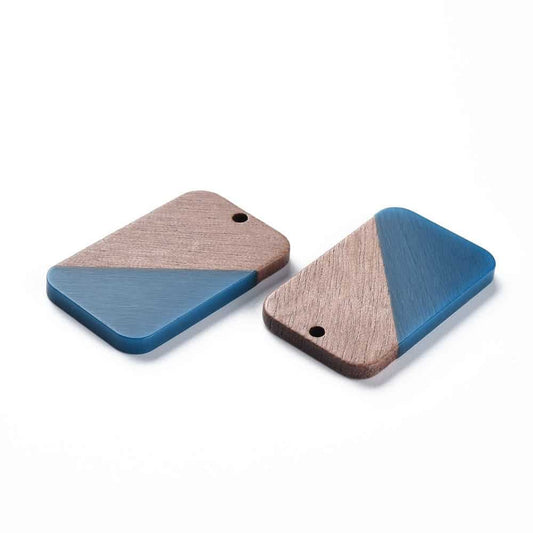 RW0021 - 4 pcs. Blue Resin and Wood Rectangle Flat Pendant - 33mm x 21mm - (1.3" x 0.83") - Great for Earrings and Necklaces!