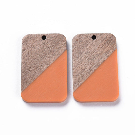 RW0022 - 4 pcs. Orange Resin and Wood Rectangle Flat Pendant - 33mm x 21mm - (1.3" x 0.83") - Great for Earrings and Necklaces!