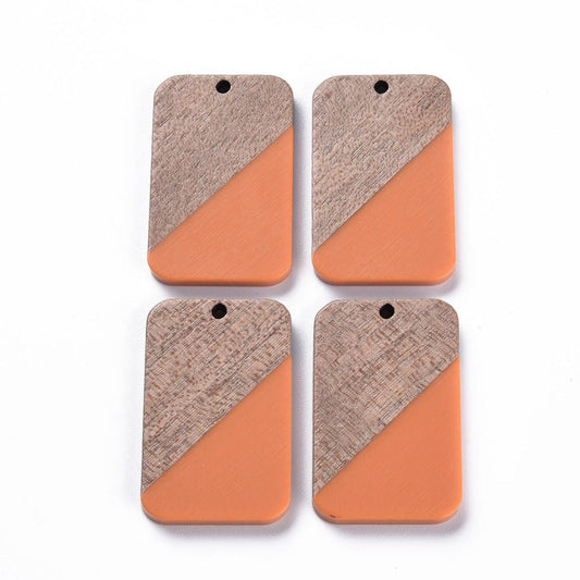 RW0022 - 4 pcs. Orange Resin and Wood Rectangle Flat Pendant - 33mm x 21mm - (1.3" x 0.83") - Great for Earrings and Necklaces!