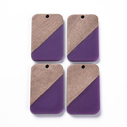 RW0023 - 4 pcs. Purple Resin and Wood Rectangle Flat Pendant - 33mm x 21mm - (1.3" x 0.83") - Great for Earrings and Necklaces!