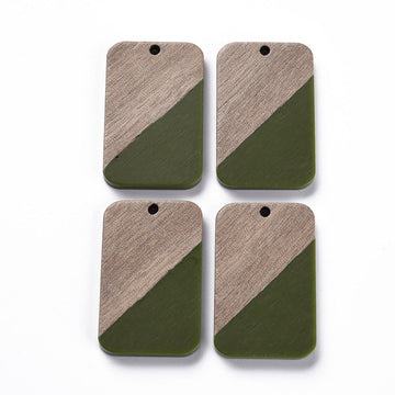 RW0024 - 4 pcs. Green Resin and Wood Rectangle Flat Pendant - 33mm x 21mm - (1.3" x 0.83") - Great for Earrings and Necklaces!