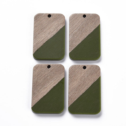 RW0024 - 4 pcs. Green Resin and Wood Rectangle Flat Pendant - 33mm x 21mm - (1.3" x 0.83") - Great for Earrings and Necklaces!