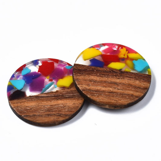 RW0028 - 4 pcs. Brown and Rainbow Resin and Wood Round Flat Pendant - 28mm - (1.1") - Blotchy Pattern