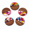 RW0028 - 4 pcs. Brown and Rainbow Resin and Wood Round Flat Pendant - 28mm - (1.1") - Blotchy Pattern