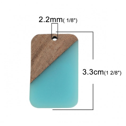 RW0029 - 4 pcs. Teal Resin and Wood Rectangle Flat Pendant - 33mm x 21mm - (1.3" x 0.83") - Great for Earrings and Necklaces!