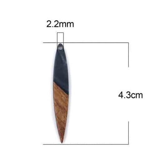 RW0031 - 4 pcs. Starry Black Resin and Wood Mandorla Flat Pendant - 43mm x 7mm - Great for Earrings and Necklaces!