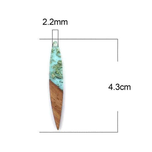 RW0033 - 4 pcs. Aqua Gold Flakes Resin and Wood Mandorla Flat Pendant - 43mm x 7mm - Great for Earrings and Necklaces!