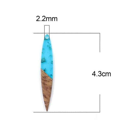 RW0034 - 4 pcs. Peacock Blue Gold Flakes Resin and Wood Mandorla Flat Pendant - 43mm x 7mm - Great for Earrings and Necklaces!