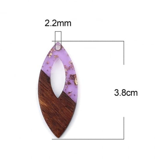 RW0038 - 4 pcs. Purple with Gold Flakes Resin and Wood Mandorla Hoop Flat Pendant - 38mm x 16mm