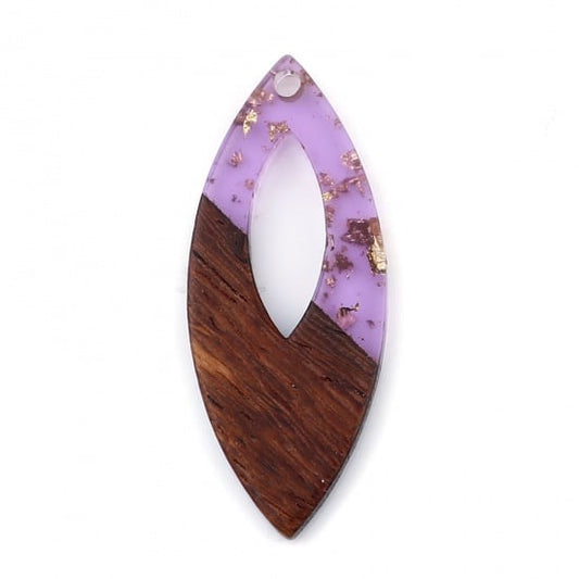 RW0038 - 4 pcs. Purple with Gold Flakes Resin and Wood Mandorla Hoop Flat Pendant - 38mm x 16mm