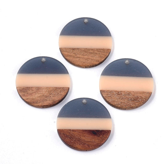RW0043 - 4 pcs. Gray and Coral Resin and Brown Wood Round Flat Pendant - 28mm - (1.1")