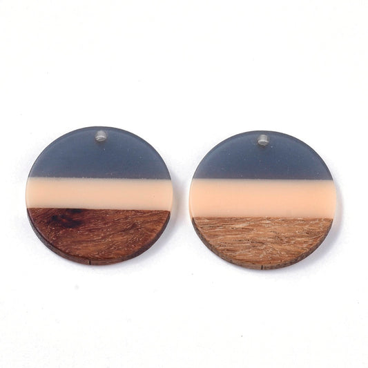 RW0043 - 4 pcs. Gray and Coral Resin and Brown Wood Round Flat Pendant - 28mm - (1.1")