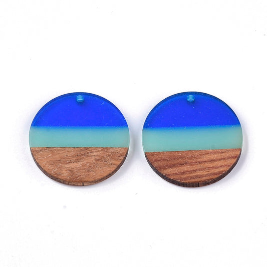 RW0044 - 4 pcs. Blue Teal Resin and Brown Wood Round Flat Pendant - 28mm - (1.1")