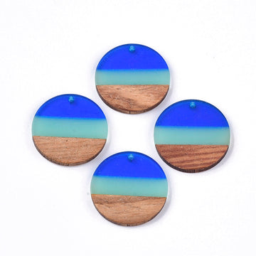 RW0044 - 4 pcs. Blue Teal Resin and Brown Wood Round Flat Pendant - 28mm - (1.1")