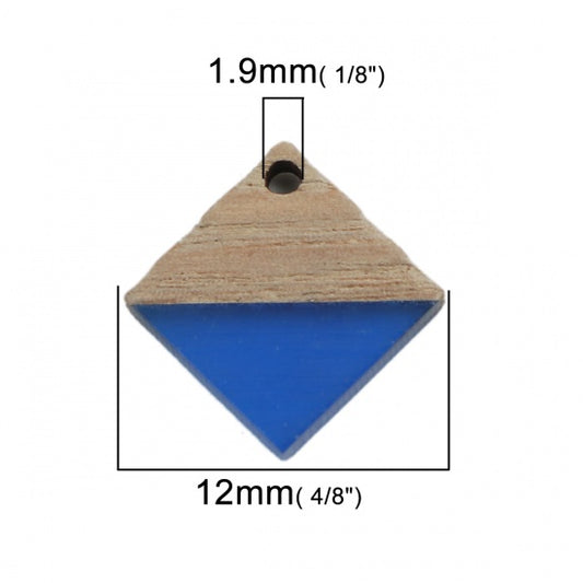 RW0040 - 10 pcs. Blue Resin and Wood Square Flat Pendant - 12mm x 12mm