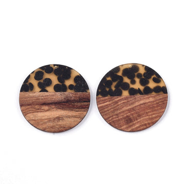 RW0042 - 4 pcs. Black and Amber Colored Resin and Brown Wood Round Flat Pendant - 49mm - (1.93")