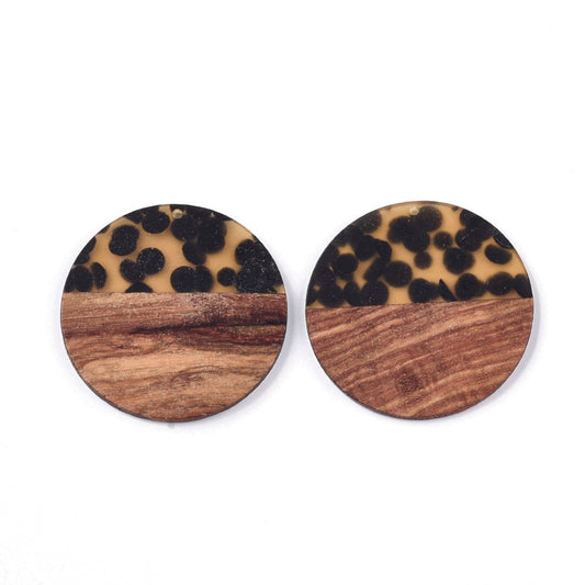 RW0042 - 4 pcs. Black and Amber Colored Resin and Brown Wood Round Flat Pendant - 49mm - (1.93")